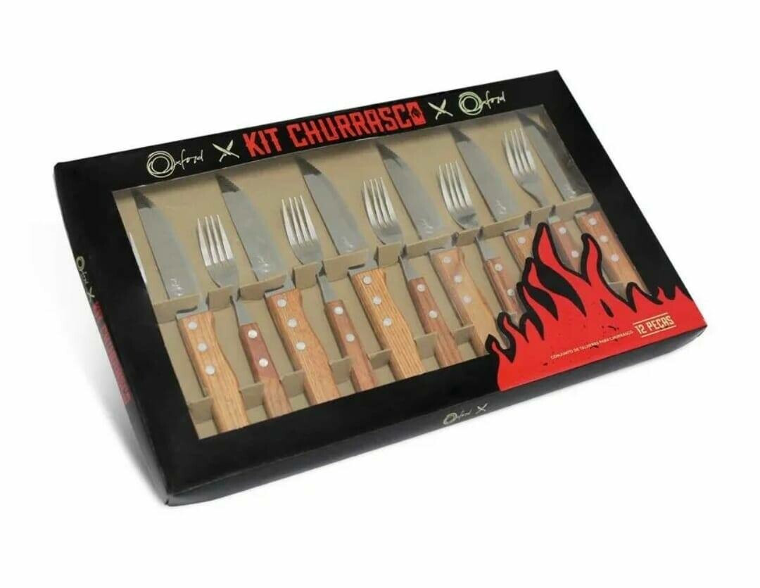 CONJUNTO TALHERES PARA CHURRASCO 12PCS ACO INOX E CABO DE MADEIRA OXFORD