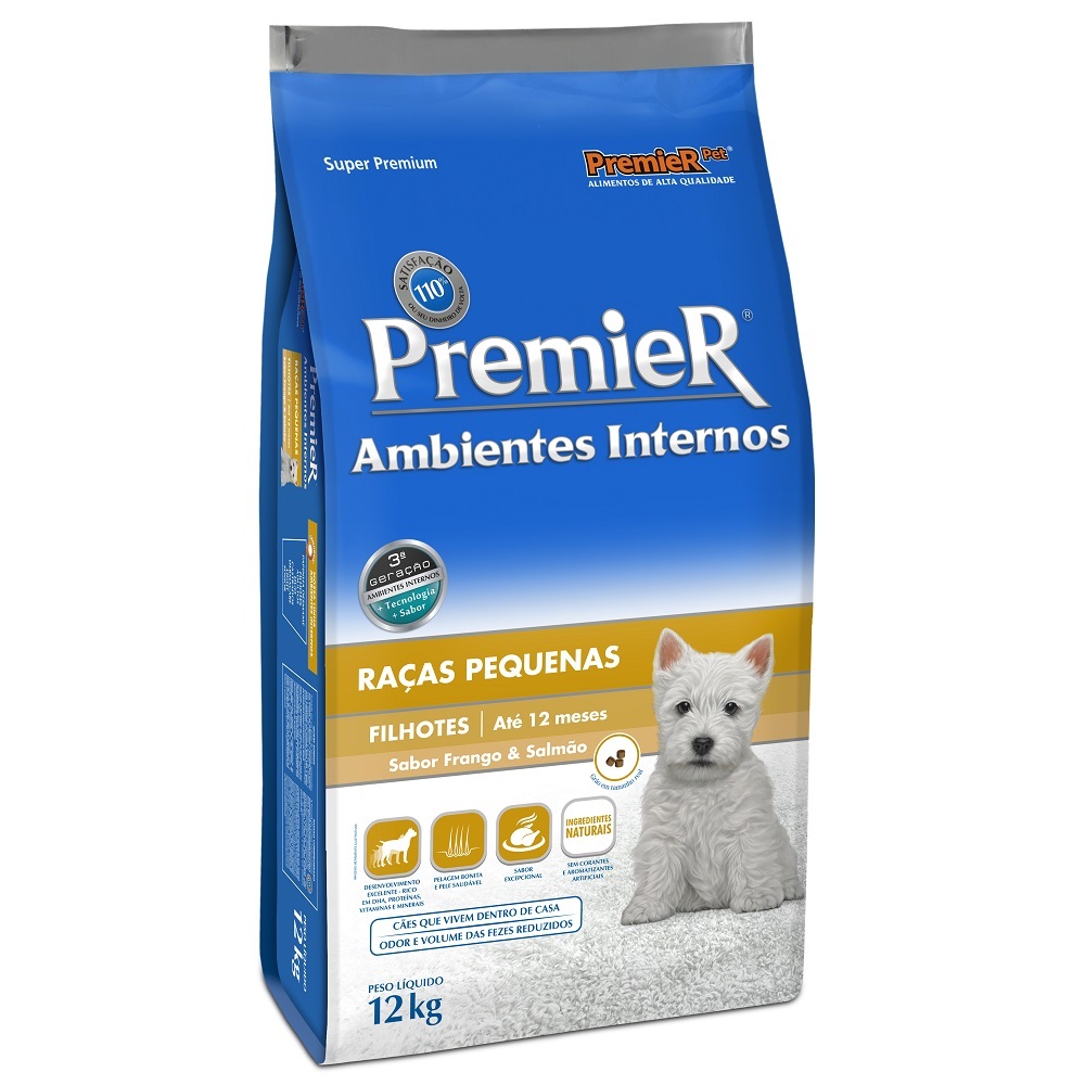 12KG RACAO PREMIER AMBIENTES INTERNOS CAES FILHOTES SABOR FRANGO E SALMAO